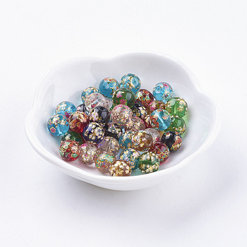 Flower Picture Printed Glass Beads, Round, Mixed Color, 8x7mm, Hole: 1mm