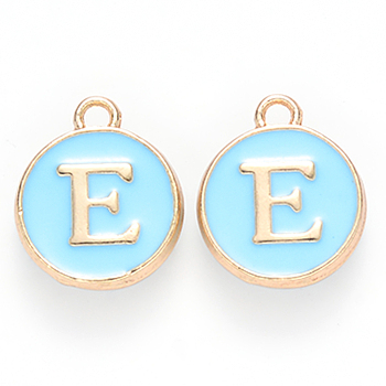 Golden Plated Alloy Enamel Charms, Cadmium Free & Lead Free, Enamelled Sequins, Flat Round, Sky Blue, Letter.E, 14x12x2mm, Hole: 1.5mm