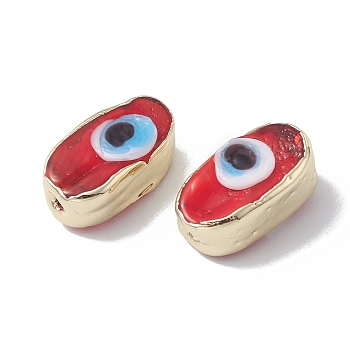 Brass Beads, with Enamel, Real 18K Gold Plated, Oval with Evil Eye, FireBrick, 14x8x6mm, Hole: 1.4mm