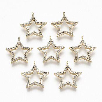 Brass Micro Pave Clear Cubic Zirconia Pendants, Nickel Free, Star, Real 18K Gold Plated, 15.5x14.5x2mm, Hole: 0.8mm