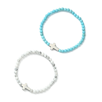 2Pcs 2 Style Natural Howlite & Synthetic Turquoise & 304 Stainless Steel Cross Beaded Stretch Bracelets Set, Stainless Steel Color, Inner Diameter: 2-1/8 inch(5.5cm), 1Pc/style