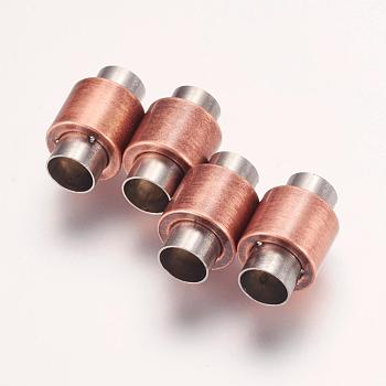 304 Stainless Steel Magnetic Clasps with Glue-in Ends, Column, Antique Rose Gold, 16x10mm, Hole: 6mm