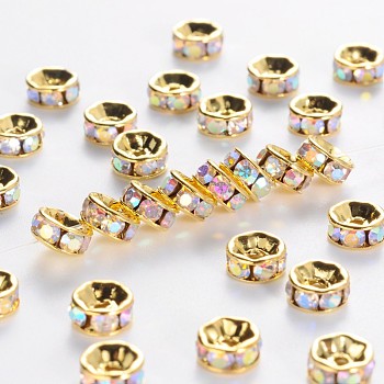 Brass Grade A Rhinestone Spacer Beads, Golden Plated, Rondelle, Nickel Free, Crystal AB, 10x4mm, Hole: 2mm