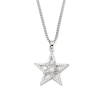 Brass Micro Pave Clear Cubic Zirconia Pendant Necklaces, 201 Stainless Steel Chains Necklaces, Star, 23.62 inch(60cm), Star: 25x23.8mm