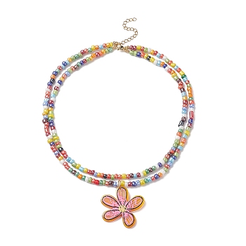 Transparent Printed Acrylic Flower Pendant Necklaces, Glass Beaded Double Strand Choker Necklace with 304 Stainless Steel Lobster Claw Clasps & Extender Chain, for Women, Mixed Color, 14-3/8 inch(36.6cm)