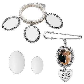 Imitation Pearl Wedding Bouquet Jewelry Set, Oval Blank Picture Charms Triple Loops Alloy Bangle & Brooch, Memorial Photo Charms Bouquet Holder, Seashell Color, Inner Diameter: 2-1/8 inch(5.5cm), 78mm