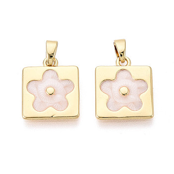Brass with Enamel Pendants, Square & Flower Charms, Real 18K Gold Plated, White, 15.5x13x1.5mm, Hole: 4.5x2.5mm