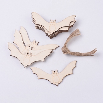 Wooden Ornaments, with Jute Twine, Halloween Hanging Decorations, for Party Gift Home Decoration, Bat, BurlyWood, 57x112x2.5mm, Hole: 2.5mm