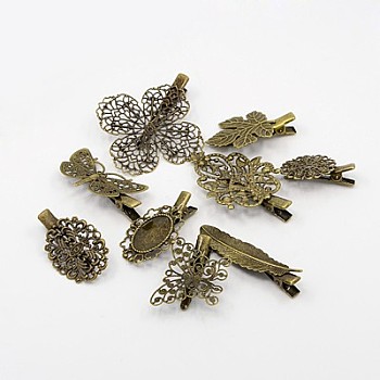 Brass Alligator Hair Clip Findings, Mixed Style, Antique Bronze, 33~61x12~53x1mm