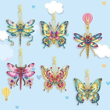 DIY Diamond Painting Butterfly Keychain Kits, Including Acrylic Rhinestones Bag, Diamond Sticky Pen, Tray Plate and Glue Clay, Mixed Color, 60~80mm, 6pcs/set