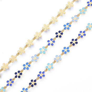 Handmade Brass Enamel Plum Blossom Link Chains, Unwelded, with Spool, Golden, Nickel Free, Dodger Blue, 9x6x1mm, about 16.40 Feet(5m)/Roll