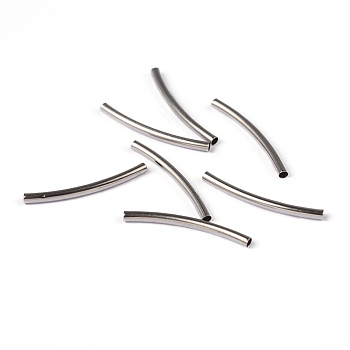 Tube Beads, Brass, Curved, Platinum Color, Nickel Free, about 2mm wide, 25mm long, hole: 1mm
