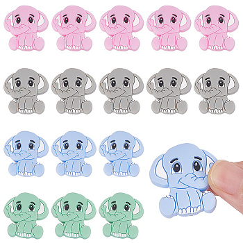 16Pcs 4 Colors Elephant Silicone Beads, DIY Nursing Necklaces and Bracelets Making, Chewing Pendants For Teethers, Mixed Color, 29x29x10mm, Hole: 2mm, 4pcs/color