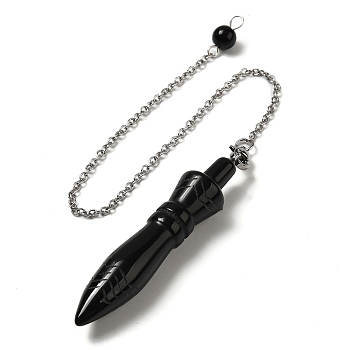 Natural Obsidian Pointed Dowsing Pendulums, with 304 Stainless Steel Chains, Bullet Charm, 243mm, Bullet: 60x12.5mm, Hole: 3mm