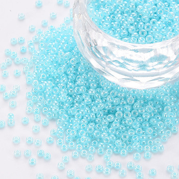 12/0 Imitation Jade Glass Seed Beads, Opaque Colours Luster, Round, Sky Blue, 2x1.5mm, Hole: 1mm, about 40000pcs/Pound