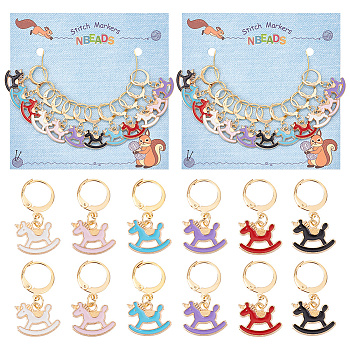 Alloy Enamel Pendant Locking Stitch Markers, 304 Stainless Steel Leverback Earring & Steel Wine Glass Charm Rings Stitch Marker, Rocking Horse, Mixed Color, 2.8cm, 6 colors, 2pcs/color, 12pcs/set