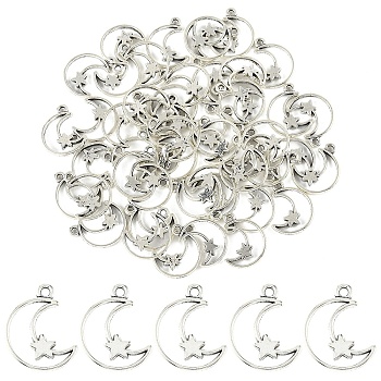 50Pcs Tibetan Style Alloy Pendants, Moon with Star, Antique Silver, 19x15x2mm, Hole: 1.6mm