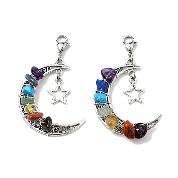 Wire Wrapped Chakra Synthetic & Natural Mixed Stone Chips & Alloy Moon/Star Pendant Decorations, with Lobster Claw Clasps, 54mm, Pendants: 41.5x34.5x8.5mm