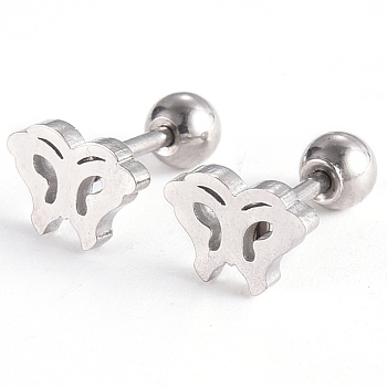 201 Stainless Steel Barbell Cartilage Earrings, Screw Back Earrings, with 304 Stainless Steel Pins, Butterfly, Stainless Steel Color, 6x8x2mm, Pin: 1mm