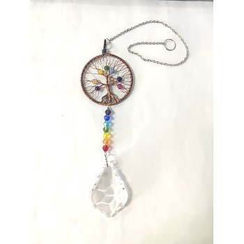 Big Pendant Decorations, Hanging Sun Catchers, Chakra Theme K9 Crystal Glass, Flat Round with Tree of Life, Colorful, 36.83cm
