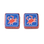 Printed Handmade Porcelain Beads, Square, FireBrick, 15~15.5x15~15.5x7.5~8mm, Hole: 2mm(PORC-G016-04L)