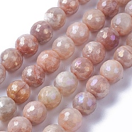Electroplate Natural Sunstone Beads Strands, Faceted, Round, Dark Salmon, 10mm, Hole: 1.2mm, about 39pcs/strand, 15.1~15.7 inch(38.5~40cm)(G-F627-03-D01)