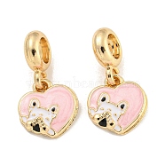 Rack Plating Alloy Enamel Heart with Dog European Dangle Charms, Large Hole Pendants, Pink, Cadmium Free & Nickel Free & Lead Free, Golden, 23mm, Hole: 4.6mm, Heart: 13x12x3mm(FIND-B034-50G)