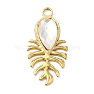 Real 18K Gold Plated 304 Stainless Steel Pendants, with Glass, Leaf Charms, Clear, 30x15x4~5.5mm, Hole: 2.5mm(STAS-A084-18G-03)
