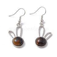 Natural Tiger Eye Rabbit Dangle Earrings, Platinum Brass Jewelry for Women, 42mm, Pin: 0.6mm(EJEW-A092-05P-15)