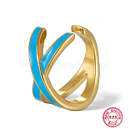 Real 18K Gold Plated 925 Sterling Silver Criss Cross Cuff Earring, with Enamel, Light Blue, 13x13mm(PZ2536-2)