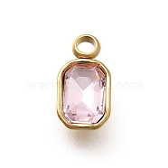 304 Stainless Steel Pendants, with Rhinestone, Real 18K Gold Plated, Ion Platint(IP), Rectangle, Light Peach, 10.5x5.5x3.5mm, Hole: 1.8mm(STAS-Q346-03G-01)