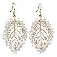 Shell Pearl Dangle Earrings, Brass Hollow Leaf Drop Earrings, Golden, 54x27mm(EJEW-TA00358)