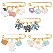 Iron Safety Pin Brooches, Alloy Enamel Brooches, Sheep, Mixed Color, 29~39mm, 5 style, 1pc/style, 5pcs/set(JEWB-AB00018)