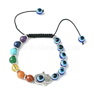 Chakra Gemstone Braided Beaded Bracelets, Hamsa Hand Alloy & Evil Eye Resin Adjustable Bracelets, Inner Diameter: 2~3-3/4 inch(5~9cm)(BJEW-JB10905-01)