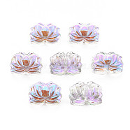 Electroplate Transparent Glass Beads, Half Plated, Lotus Flower, Plum, 10.5x14.5x7mm, Hole: 1mm(X-GLAA-T022-10-B01)