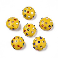 Polymer Clay Rhinestone Beads, Pave Disco Ball Beads, Flat Round, Goldenrod, 11~12x7mm, Hole: 1.4mm, Rhinestone: pp15(2.1~2.2mm)(RB-S056-27G)