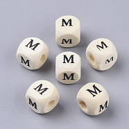 Printed Natural Wood Beads, Horizontal Hole, Cube with Initial Letter, PapayaWhip, Letter.M, 10x10x10mm, Hole: 3.5mm, about 1000pcs/500g(WOOD-T026-001M)