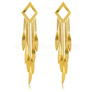Brass Rhombus Chandelier Earrings, Leaf Tassel Earrings with Sterling Silver Pins for Women, Golden, 90.5x16.5mm, Pin: 0.7mm(JE1093A)