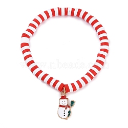 Elegant Christmas Handmade Polymer Clay Heishi Beaded Stretch Bracelets, Enamel Charm Bracelets for Women, Snowman, 6-7/8 inch(17.5cm)(MV9996-3)