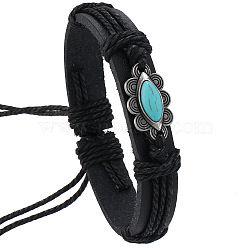 PU Leather Cord Adjustable Bracelets, with Horse Eye, Alloy Flower Link Bracelets for Men, Black, Inner Diameter: 2-1/8~2-3/4 inch(5.5~7cm)(PW-WG0A19C-01)