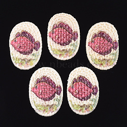 Handmade Reed Cane/Rattan Woven Beads, For Making Straw Earrings and Necklaces, No Hole/Undrilled, Printed, Oval with Fish, Colorful, 55~65x37~43x4~5mm(WOVE-T006-116)