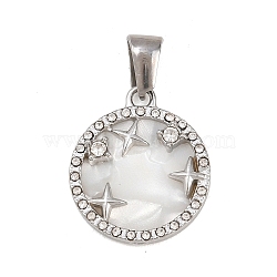 303 Stainless Steel Pendants, Flat Round with Star Charms, with Rhinestone & Enamel, Stainless Steel Color, 19.5x16.5x3mm, Hole: 2.8mm(STAS-K325-13B-P)
