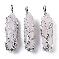 Natural Rose Quartz Big Wire Wrapped Pendants, with Brass Wires, prismatic with Tree of Life, Platinum, 48~62x14~17x13~18mm, Hole: 4x5~6mm(G-T133-P02G)