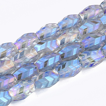 Electroplate Glass Beads Strands, Frosted, Faceted, Barrel, Cornflower Blue, 7.5x7.5x11mm, Hole: 1.2mm, about 60pcs/strand, 25.9 inch
