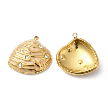 304 Stainless Steel Rhinestone Pendants, with Enamel, Shell Charms, Golden, Pale Goldenrod, 19.5x19x5mm, Hole: 1.2mm