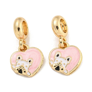 Rack Plating Alloy Enamel Heart with Dog European Dangle Charms, Large Hole Pendants, Pink, Cadmium Free & Nickel Free & Lead Free, Golden, 23mm, Hole: 4.6mm, Heart: 13x12x3mm