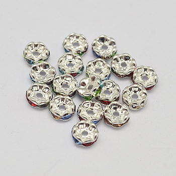 Rondelle Wave Brass Rhinestone Spacer Beads, Silver Color Plated, Colorful, 5x2mm, Hole: 1mm