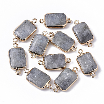 Edge Golden Plated Natural Labradorite Links connectors, with Golden Tone Iron Loops, Rectangle, 26~27x13.5x6~7mm, Hole: 1.6~1.8mm