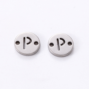 201 Stainless Steel Links, Laser Cut, Flat Round with Letter, Letter.P, 6x6x1mm, Hole: 0.8mm