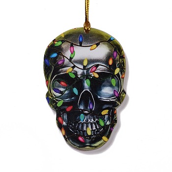 Opaque One-sided Printed Acrylic Big Pendants, for Halloween, Skull, Black, 546x2mm, Hole: 3.5mm